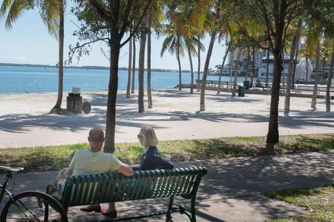 Couples in park with bay in background. Stock Photos