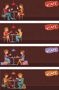 Couples of people in cafe. Vector Illustration with friends men and women Ilustração Stock