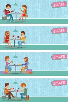 Couples of people in cafe. Vector Illustration with friends men and women Ilustração Stock