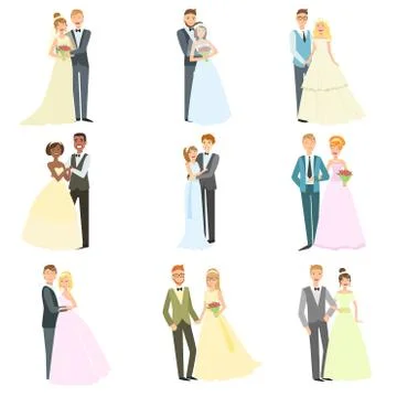 Couples Posing Together On Wedding Day Stock Illustration