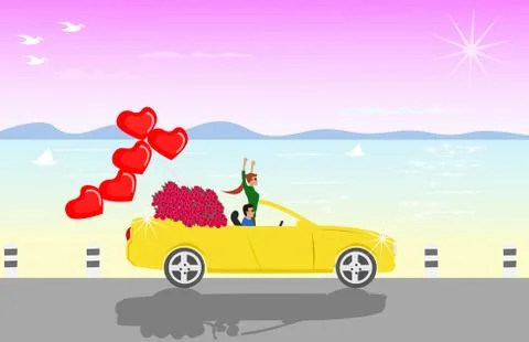 Couples sit on a yellow convertible with red roses and red heart shaped ballo Stock Illustration