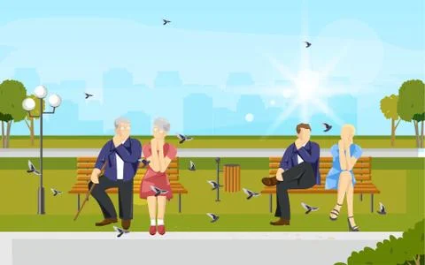 Couples sitting in the park Vector flat style. Old and young couple enjoying  Ilustración de archivo