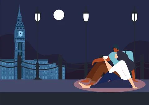 Couples sitting together looking at the moon Illustrazione stock