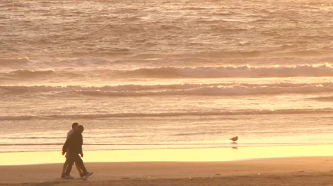 Couples Walking Ocean Shore at Sunset Stock Footage 40749101