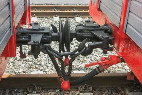 Coupling device of the cargo wagon of the old narrow-gauge railway Stock Photos