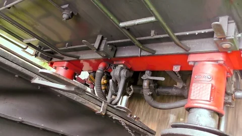 Couplings on classic steam train connecting passenger carriages Stock Footage 80288090
