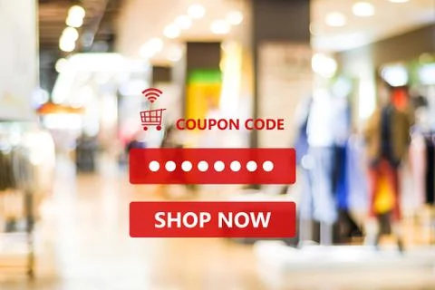 Coupon code on blur store background, web banner shopping on line promotion, Stock Photos