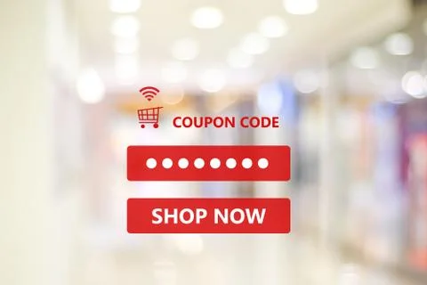 Coupon code on blur store background, web banner shopping on line promotion, Stock Photos