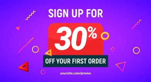 Coupon code discount 30 sign up advertising offer. Discount promotion tag flyer Stock Illustration