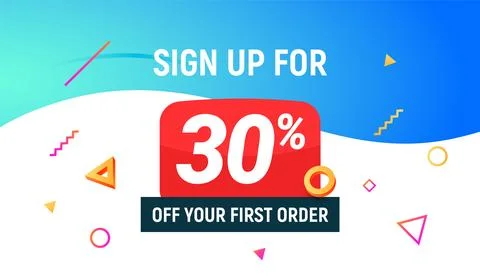 Coupon code discount 30 sign up advertising offer. Discount promotion tag flyer Stock Illustration