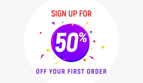 Coupon code discount 50 sign up advertising offer. Discount promotion tag flyer Illustrazione stock