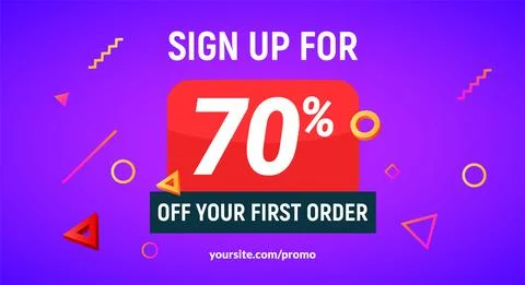 Coupon code discount 70 sign up advertising offer. Discount promotion tag flyer Stock Illustration