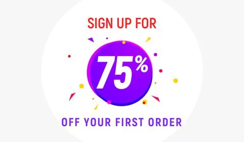 Coupon code discount 75 sign up advertising offer. Discount promotion tag flyer Stock-Illustration