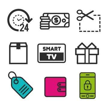 Coupon code icon. Smart TV symbol. Present box icon. Price tag sign. 24h open. Illustrazione stock