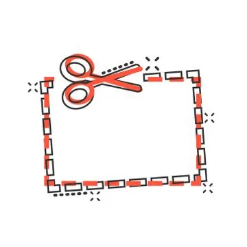 Coupon cut lines icon in comic style. Scissors snip cartoon sign vector illus Stock Illustration