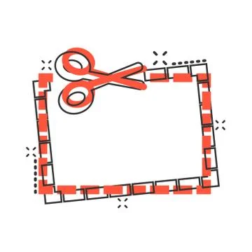 Coupon cut lines icon in comic style. Scissors snip cartoon sign vector illus Stock Illustration