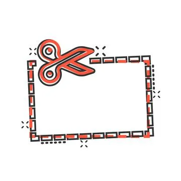 Coupon cut lines icon in comic style. Scissors snip cartoon sign vector illus 库存插图