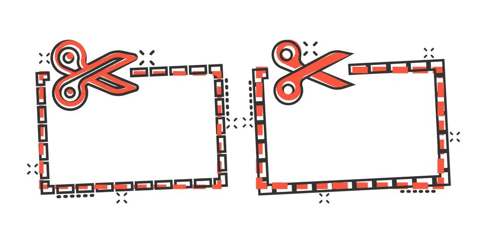 Coupon cut lines icon in comic style. Scissors snip cartoon sign vector illus 库存插图