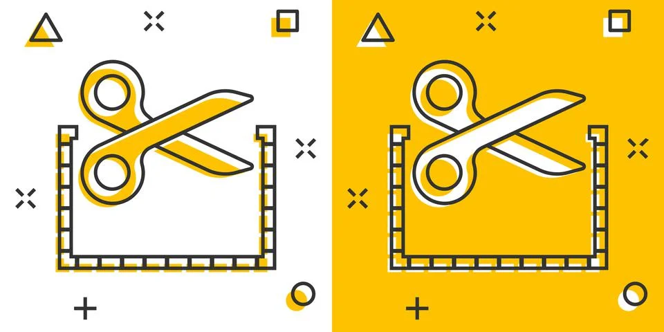 Coupon cut lines icon in comic style. Scissors snip cartoon sign vector illus Stock Illustration