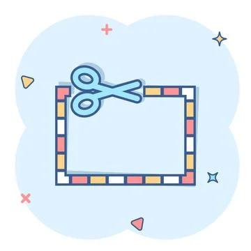 Coupon cut lines icon in comic style. Scissors snip cartoon sign vector illus Stock Illustration