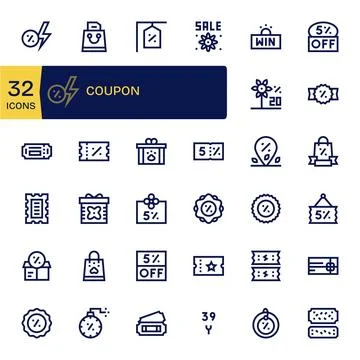 Coupon featuring 32 256x256 Vector Icons in Bold Line Design Stock Illustration