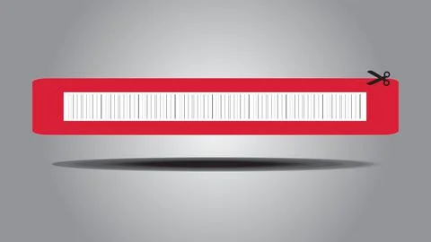 Coupon with long bar codes and scissors on red background Stock Illustration