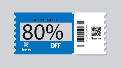 Coupon Template isolated on Blue background. Discount voucher 80% OFF. Shopping  Illustrazione stock