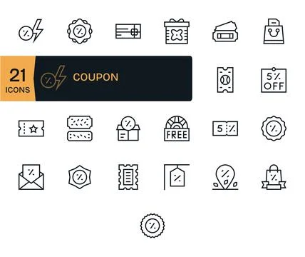 Coupon Vector Icon Collection with 25 128x128 Regular Line Designs Stock Illustration