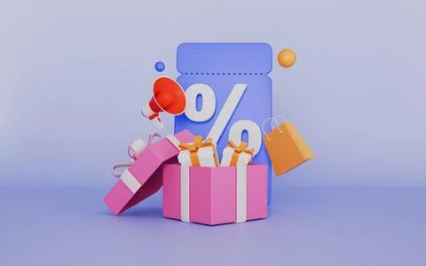 Coupons on different discounts with flying coins and gifts 3d illustration Stock Illustration
