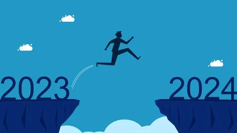 Courage to change. man jumping over cliff gap to 2024 Stock-Illustration