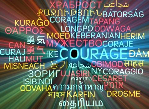 Courage multilanguage wordcloud background concept glowing Illustrazione stock