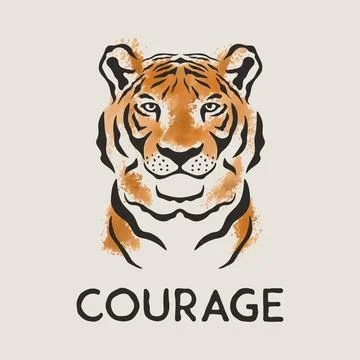 Courage Slogan. Vector Hand Drawn Tiger Face. Noble Tiger Head with Paint Stock Illustration