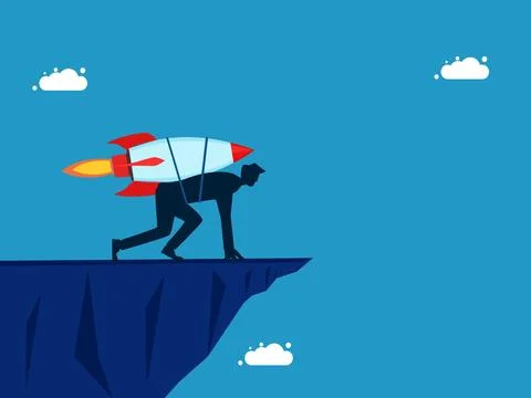 Courage to take risks and determination. man starting a rocket flight from a  Stock-Illustration