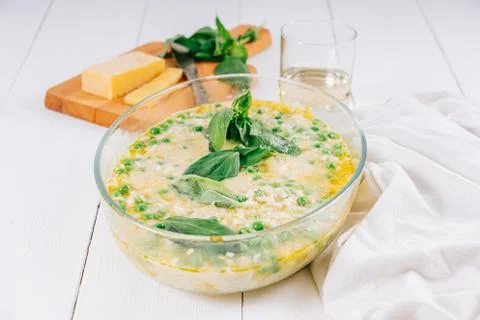 Courgette And Pea Risotto With Parmesan, Mascarpone And Basil Stock Photos