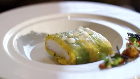 Courgette Wrapped Roulade with Cheese Cubes on White Plate, Macro Detail Shot Stock Footage 341341581