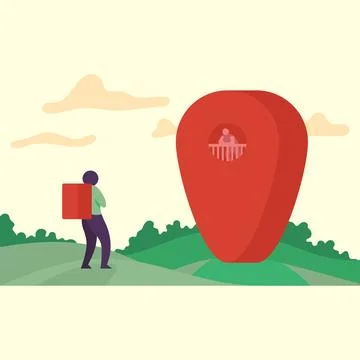 Courier with backpack came to the assigned geolocation. Flat icon. Stock Illustration