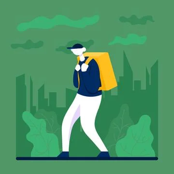 Courier with a backpack goes to deliver the package. Flat vector. Stock Illustration