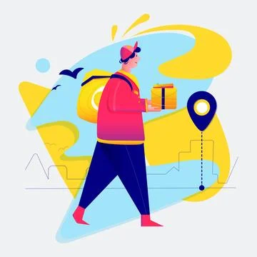 Courier with a backpack goes to deliver the package. Flat vector. Stock Illustration