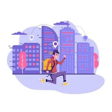 Courier with a backpack run to deliver the package. Flat vector. Stock Illustration