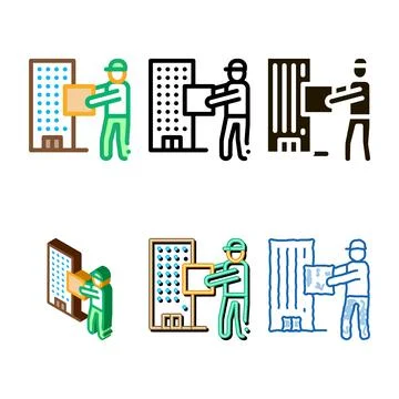Courier with box forms near high-rise building icon vector outline Illustrazione stock