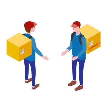 Courier with box, front view, back view. Delivery Service Isometric concept 库存插图