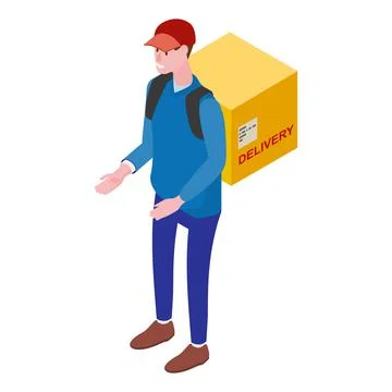 Courier with box, front view. Delivery Service Isometric concept. Fast 24 7 Stock Illustration