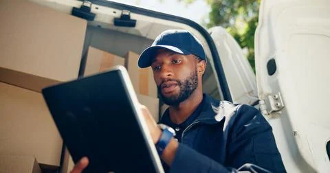 Courier, boxes or man with tablet by van for package distribution, online order Stock Photos