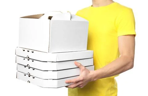 Courier with boxes on white  background, closeup. Food delivery service Stock Photos