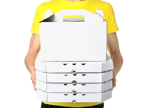 Courier with boxes on white  background, closeup. Food delivery service Stock Photos