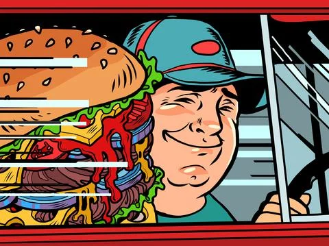 Courier in the car with a burger Stock Illustration