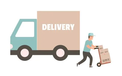 Courier with cardboard box. Vector delivery truck Stock Illustration