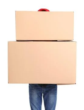 Courier with cardboard boxes on white background 写真素材