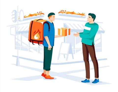 Courier carries boxes for a young man on the street. Stock Illustration