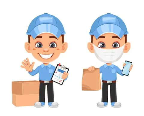Courier cartoon character, set of two poses. Funny delivery man Stock Illustration